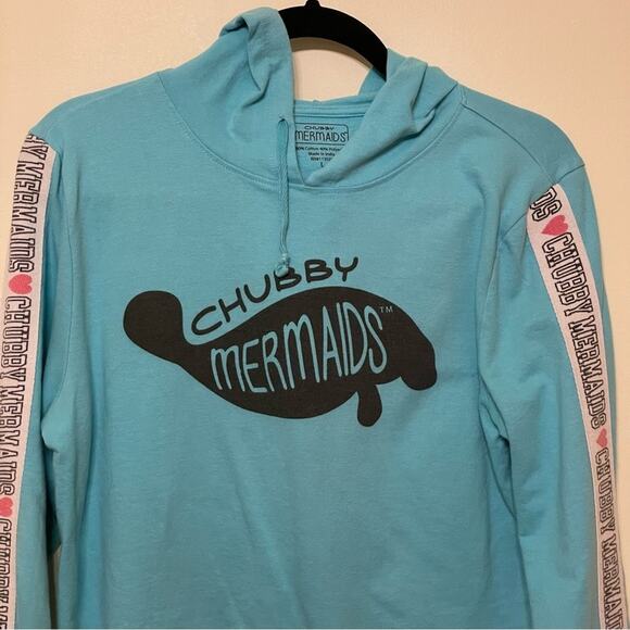 Chubby Mermaids L manatee hoodie heart blue cropped coastal cozy FL - Picture 2 of 7